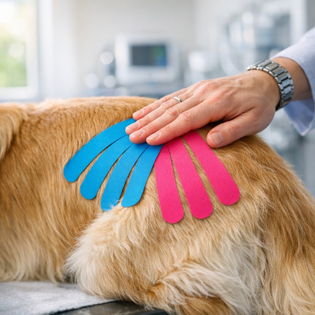 A professional, sharp close-up photograph capturing a canine kinesiotaping
